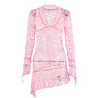 Lace see through flared sleeve v neck irregular solid mini dress - Final Sale