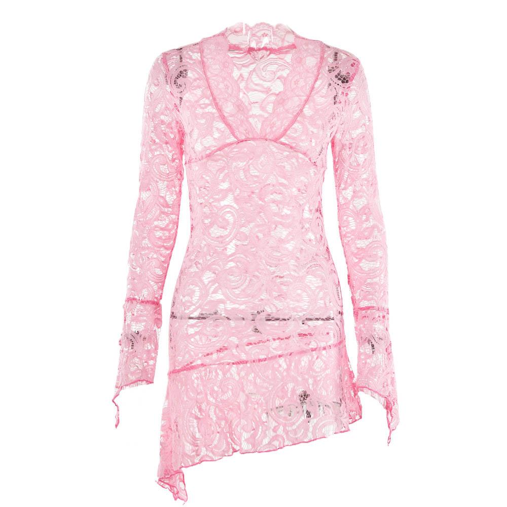 Lace see through flared sleeve v neck irregular solid mini dress - Final Sale