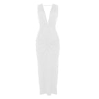 Sleeveless v neck solid slit knotted backless midi dress