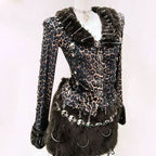 Leopard print long sleeve fluffy skull applique mini skirt set  | Festival Outfits Women  | Leopard Print Mini Dress