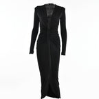 Long sleeve v neck solid ruched slit midi dress