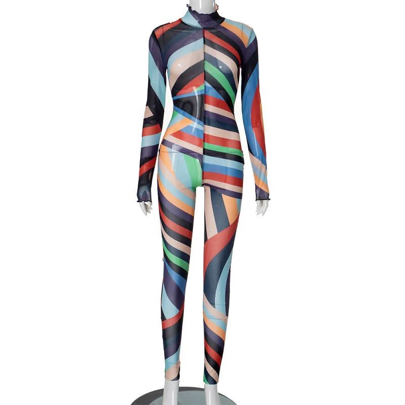 High neck long sleeve ruffle sheer mesh print jumpsuit  | Festival Outfits Women