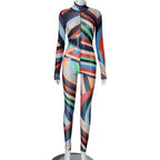 High neck long sleeve ruffle sheer mesh print jumpsuit  | Festival Outfits Women