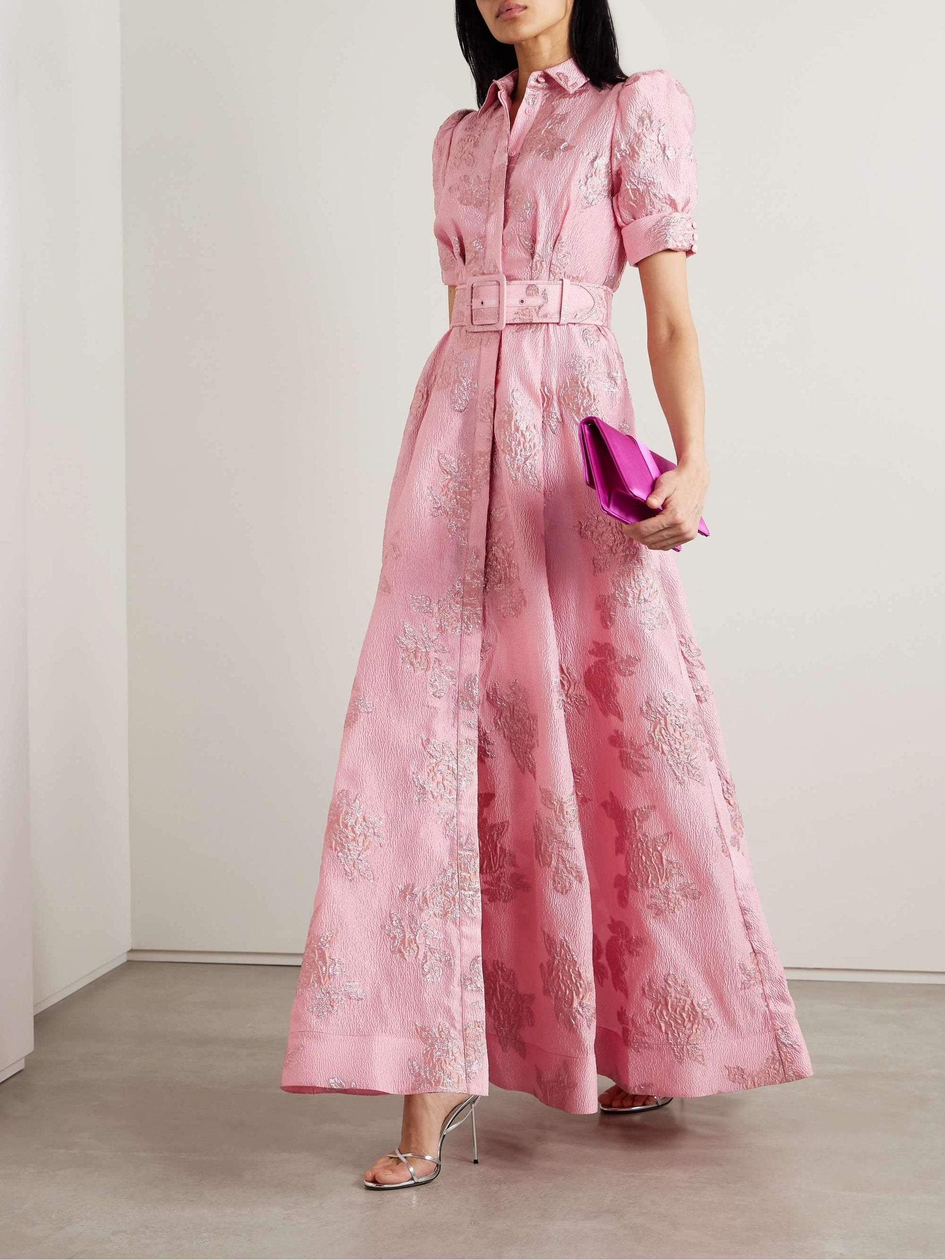 The Anabella — Jacquard Maxi Dress with Puff Sleeves