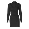 Ruched solid high neck long sleeve mini dress