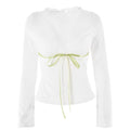 Lace hem long sleeve v neck ribbon ruched top  | Festival Outfits Women