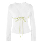 Lace hem long sleeve v neck ribbon ruched top  | Festival Outfits Women