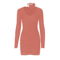 Ruched long sleeve flower applique u neck solid mini dress