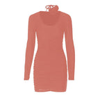 Ruched long sleeve flower applique u neck solid mini dress