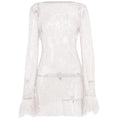 Long sleeve solid see through sheer mesh fluffy round neck mini dress