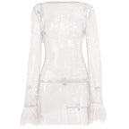 Long sleeve solid see through sheer mesh fluffy round neck mini dress