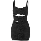 Solid ruched hollow out flower applique backless mini dress