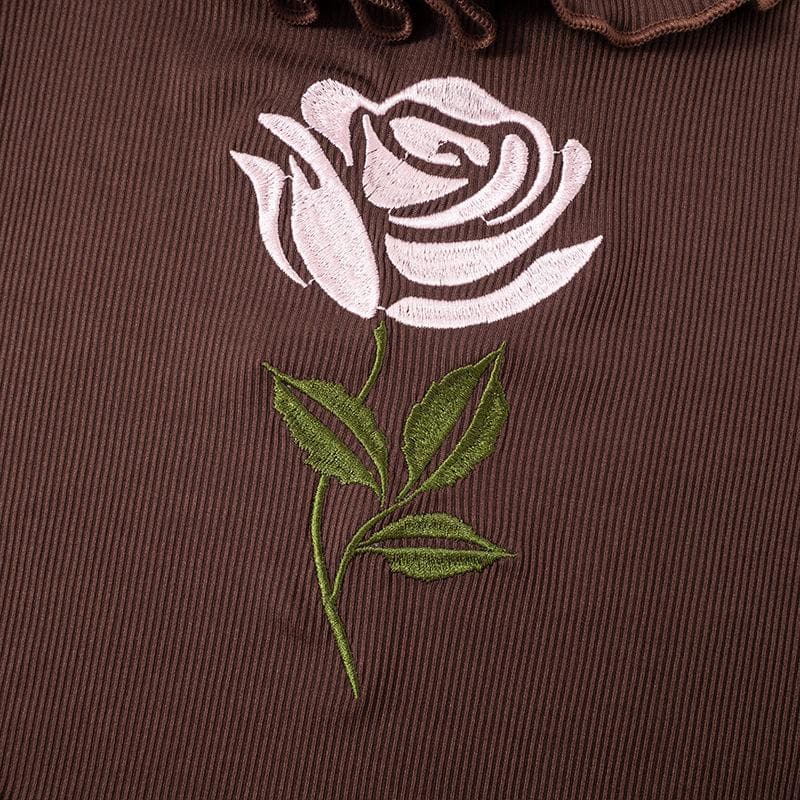 Ribbed cap sleeve flower embroidery ruffle mini dress