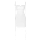 Ruched backless cowl neck solid self tie mini dress
