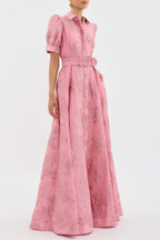 The Anabella — Jacquard Maxi Dress with Puff Sleeves
