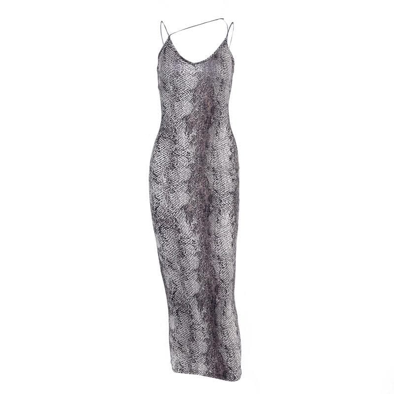 Leopard print contrast spaghetti strap u neck backless midi dress