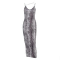 Leopard print contrast spaghetti strap u neck backless midi dress