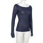 Round neck hollow out backless long sleeve solid cut out top