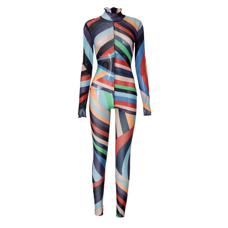 High neck long sleeve ruffle sheer mesh print jumpsuit  | Festival Outfits Women