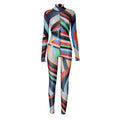 High neck long sleeve ruffle sheer mesh print jumpsuit  | Festival Outfits Women