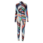 High neck long sleeve ruffle sheer mesh print jumpsuit  | Festival Outfits Women