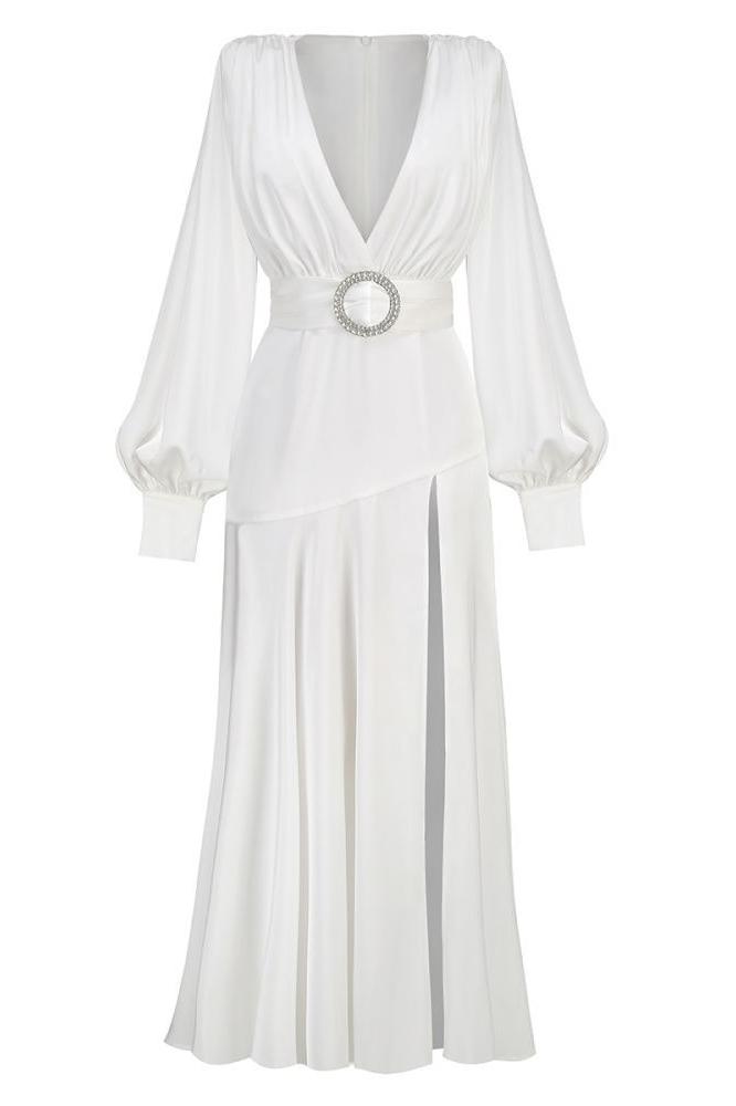Tatiana Effortless V Neck Belted Slit Maxi Dress Premium Wardrobe Essential