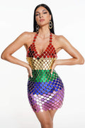 Multicolor Paillette Chainmail Halter Neck Bodycon Mini Dress