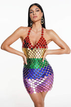 Multicolor Paillette Chainmail Halter Neck Bodycon Mini Dress