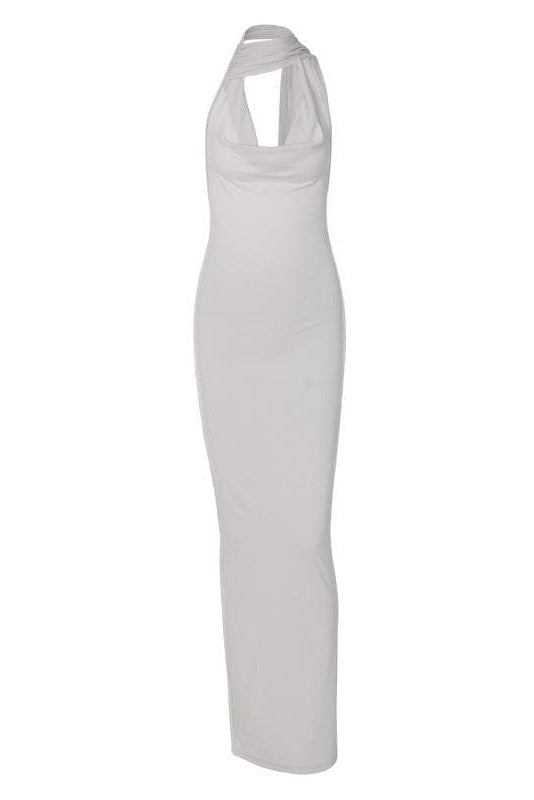 Halter Choker Cowl Neck Rib Knit Backless Bodycon Maxi Dress