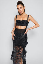Iris Ruffle Sequin Mesh Midi Dress