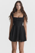 Square Neck Ruched Bust Lace Trim Fit and Flare Mini Dress