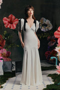 Plunging V-Neck Puff Sleeve Shoulder Bow Tie A-Line Maxi Gown