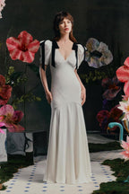 Plunging V-Neck Puff Sleeve Shoulder Bow Tie A-Line Maxi Gown