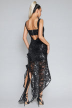 Iris Ruffle Sequin Mesh Midi Dress