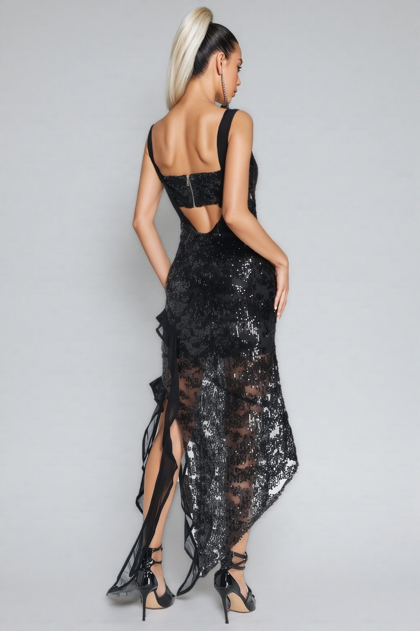 Iris Ruffle Sequin Mesh Midi Dress