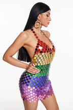 Multicolor Paillette Chainmail Halter Neck Bodycon Mini Dress