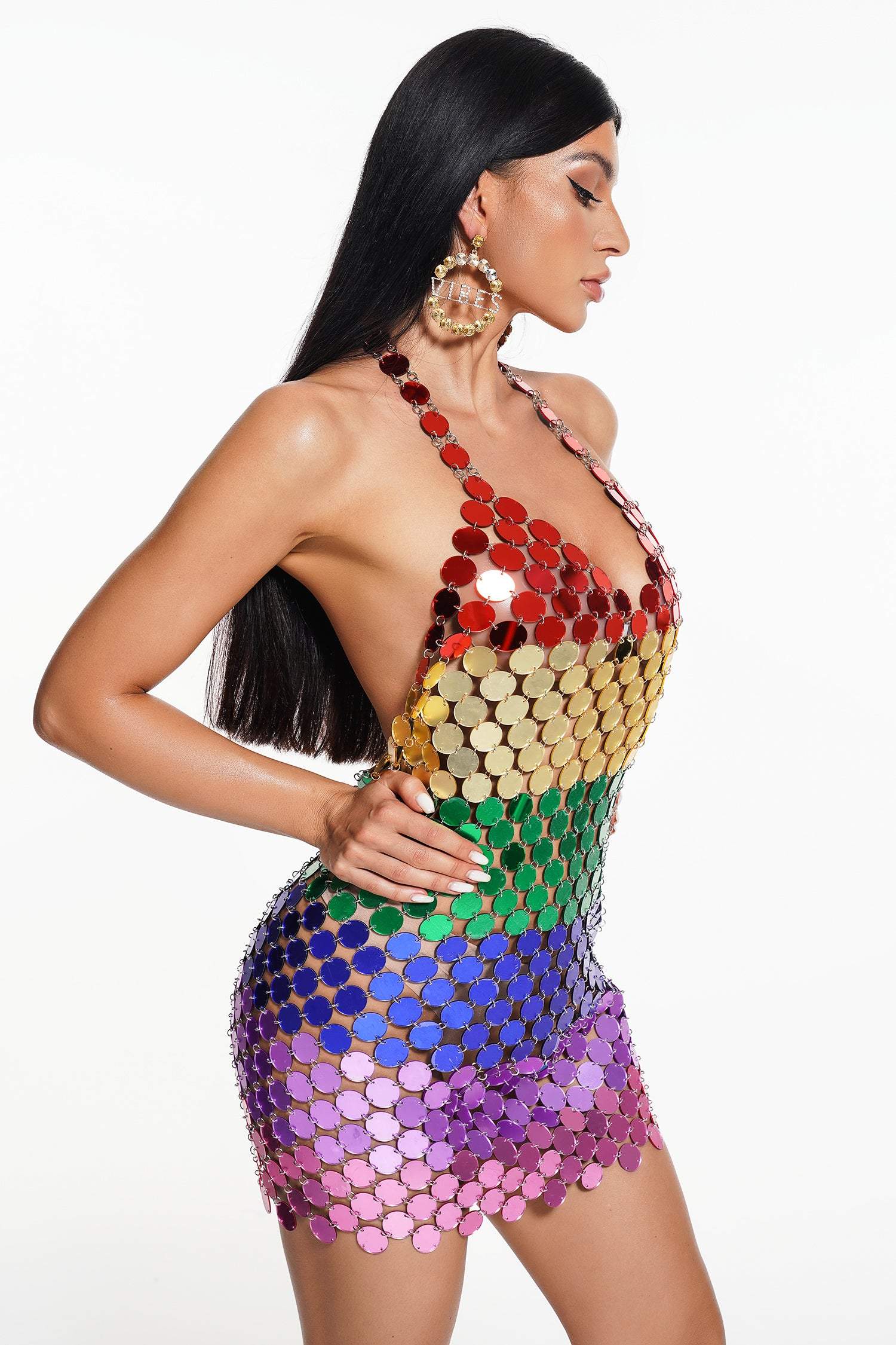 Multicolor Paillette Chainmail Halter Neck Bodycon Mini Dress