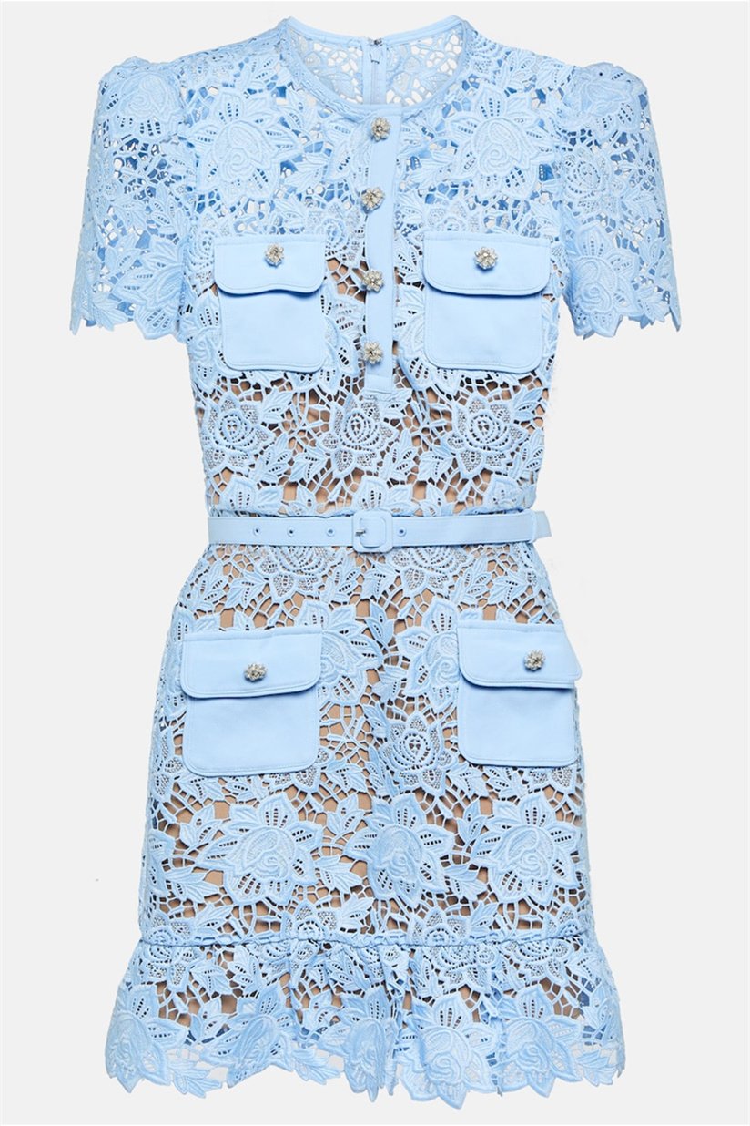 Round Neck Button Front Belted Flap Pocket Floral Lace Ruffle Hem Mini Dress