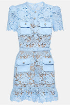 Round Neck Button Front Belted Flap Pocket Floral Lace Ruffle Hem Mini Dress