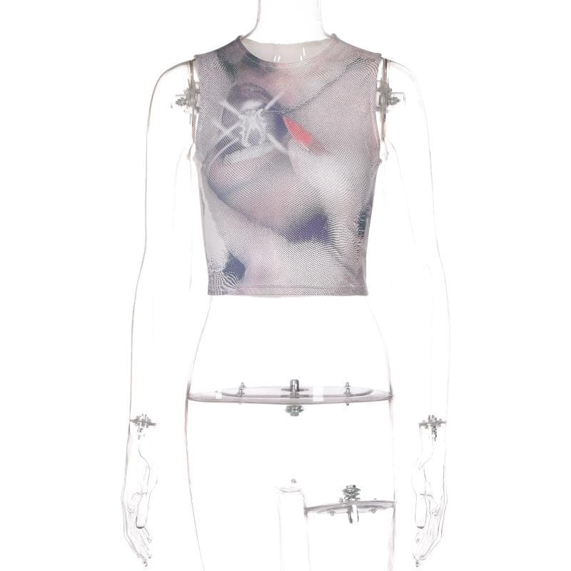 Contrast print sleeveless crewneck crop top