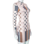 Long sleeve crewneck striped contrast mini dress