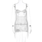 Tassels low cut see through lace solid backless cami mini dress