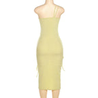 Ribbed one shoulder hollow out self tie irregular solid midi dress