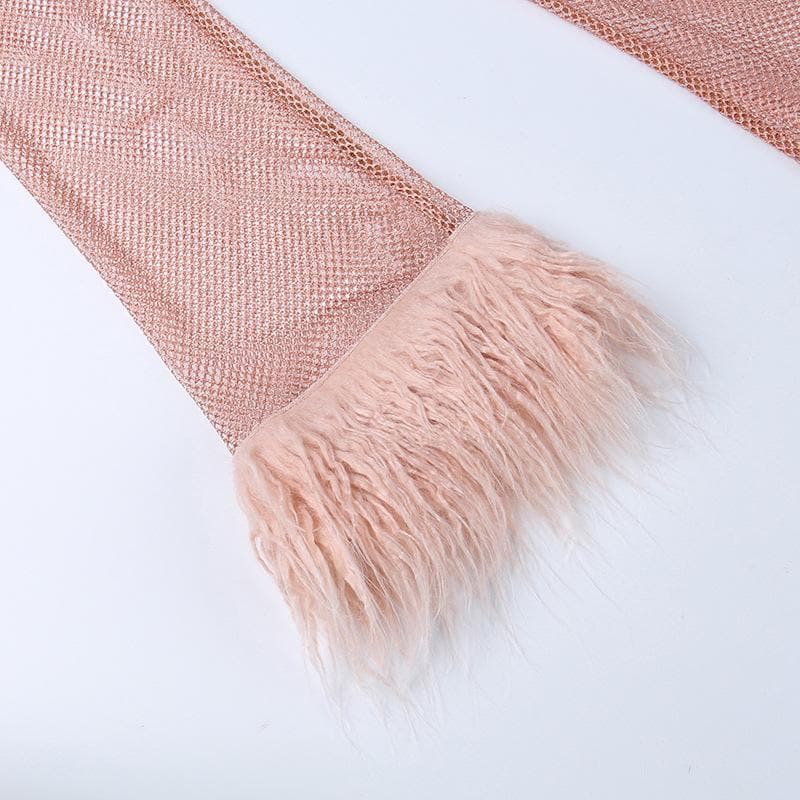 Long sleeve solid see through sheer mesh fluffy round neck mini dress