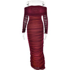 Off shoulder long sleeve slit mesh ruched maxi dress  | Festival Outfits Women