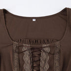 Lace up long flared sleeve ruched lace hem ruffle crop top