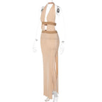 Sleeveless contrast halter slit backless hollow out maxi dress