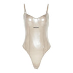 Metallic v neck metal tag backless sleeveless cami bodysuit