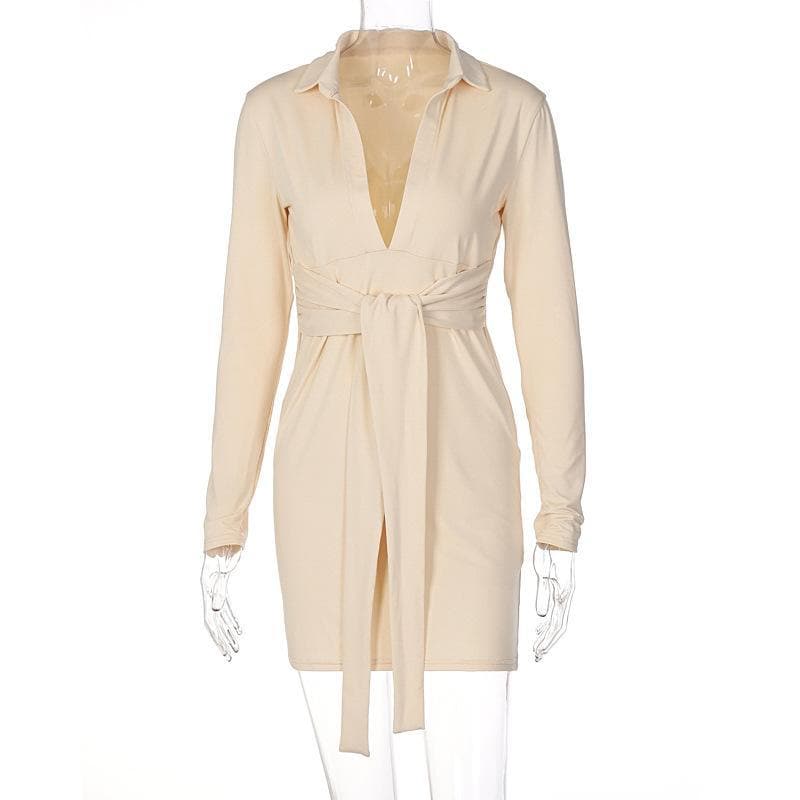 Long sleeve deep v neck turnover collar mini dress