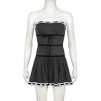 Ribbed lace hem contrast ruched backless tube mini dress